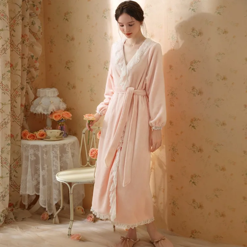 

IRENE TINNIE Winter Lace Nightgown Solid Color Coral Velvet Long Sleeve Homedress High Quality Loose Pajamas Home Lounge Wear