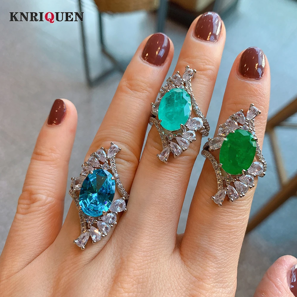 

2022 Trend 10*14MM Paraiba Tourmaline Emerald Rings for Women Gemstone Wedding Cocktail Party Fine Jewelry Anniversary Gift