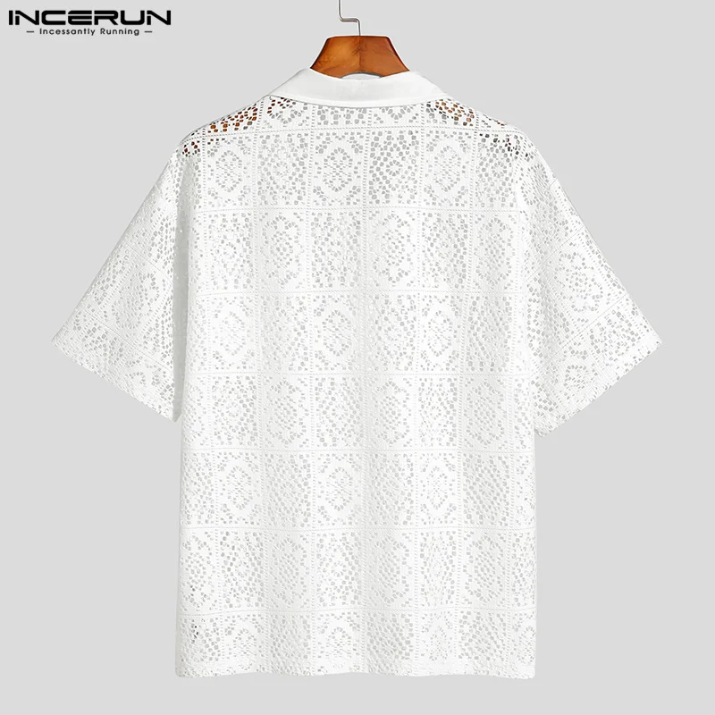 INCERUN Men\'s Shirt Lace Transparent Lapel Short Sleeve Sexy Fashion Men Clothing Streetwear 2024 Korean Casual Shirts S-5XL