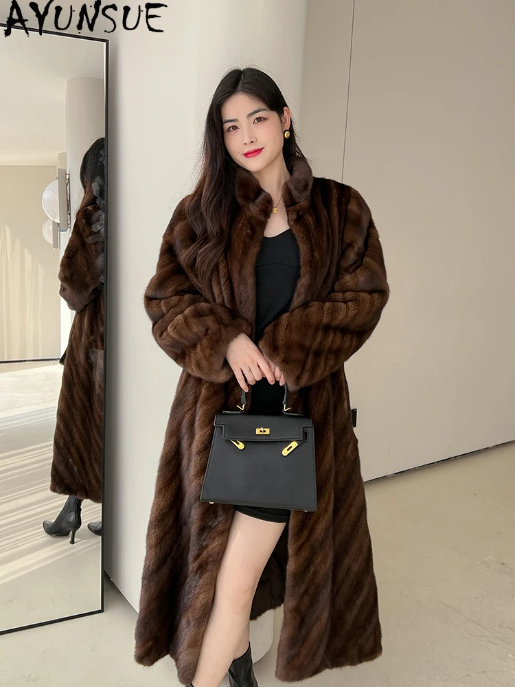 AYUNSUE 2025 Mantel Bulu Mink Alami Wanita Mantel Mink Utuh Mewah Berkualitas Tinggi untuk Pakaian Wanita Kerah Berdiri Abrigo Mujer