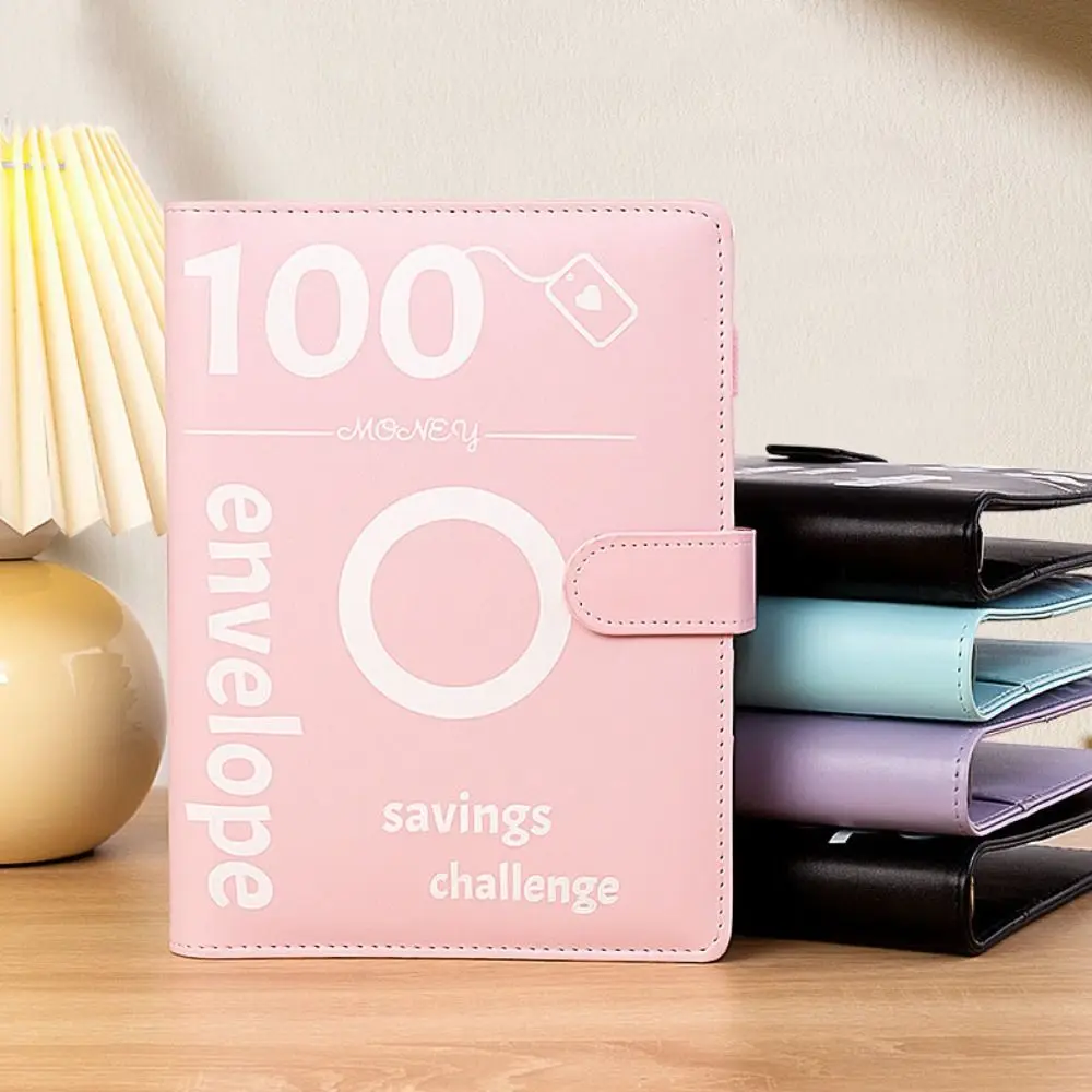 

Send Stickers 100Envelope Challenge Binder PU Leather Stainless Steel Ring Money Saving Binder Transparent 100Days