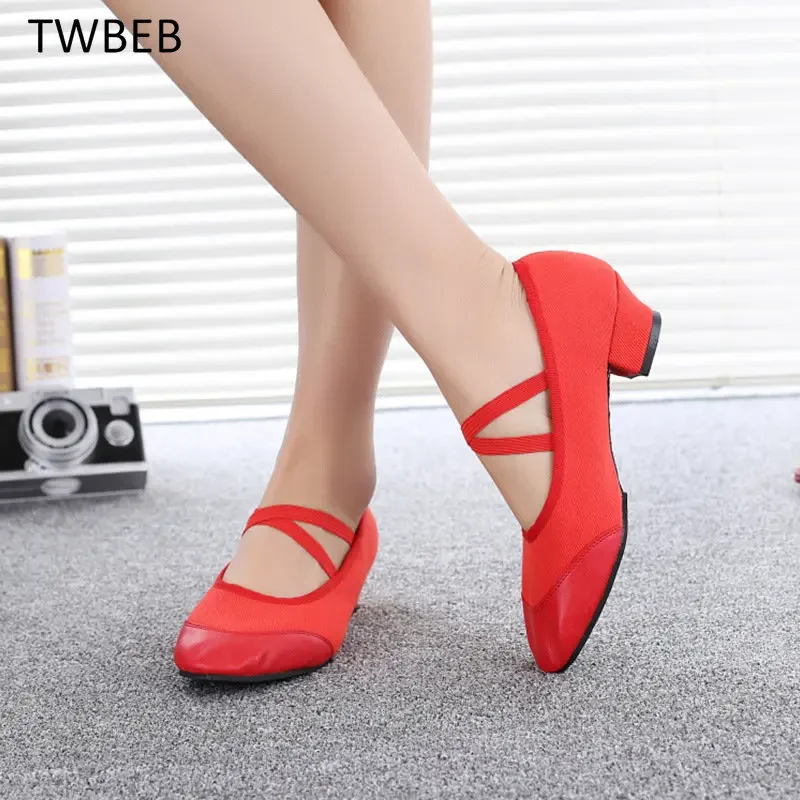 Teacher Dance Canvas Leather Ballet Shoes Square Low Heel Dancing Shoe Black/Red Girls Women's Shoes Teaching Practice