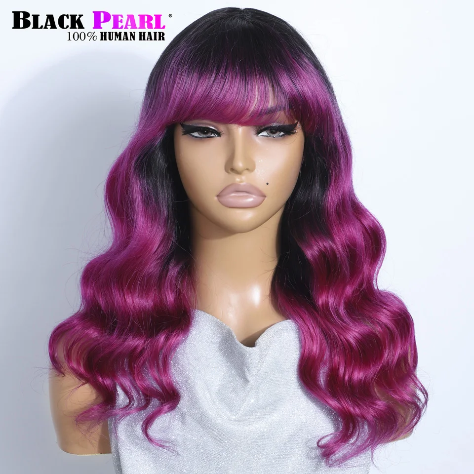 Body Wave Human Hair Wigs With Bangs Fringe 180D Brown Purple Glueless Wet and Wavy Brazilian Full Machine Made Women Wigs 1B/27