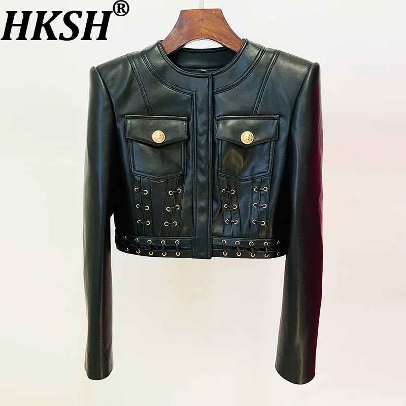 HKSH Primavera Autunno Nuove donne Giacca corta in pelle PU O-Collo Tasche Punk Chic Cappotto Design di nicchia Gonna con cerniera Elegante Ins HK17176