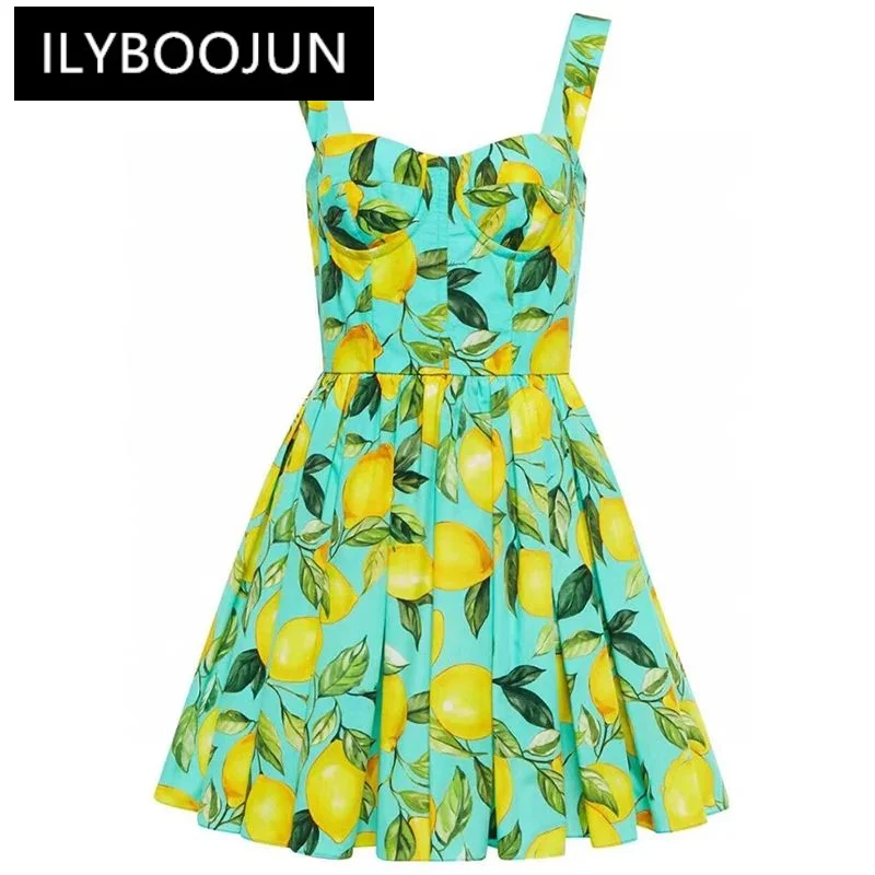 

Dresses For Women 2024 Luxury Summer Cotton Dress Women Spaghetti Strap Sleeveless Lemon Print Beach Vacation Backless Dresses