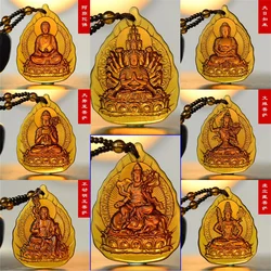 Charm Ice Yellow Crystal Carved Chinese Amulet Buddha GuanYin Buddhism Lucky Pendant Religions Sweater Necklace Trendy Jewelry