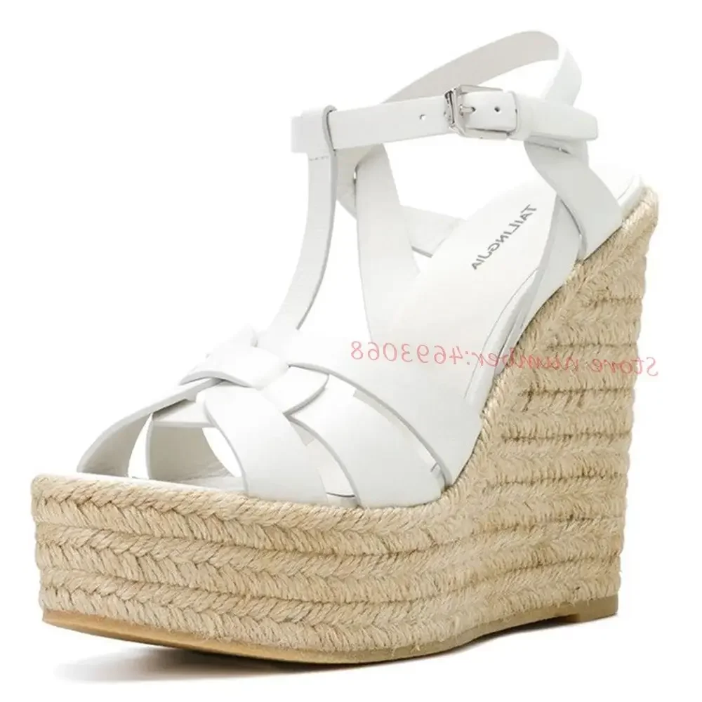 T-strap Wedge Platform Sandals Women Braided High Heels Height Increasing Peep Toe Summer Leather Shoes Bukcle Strap Sandals image 2