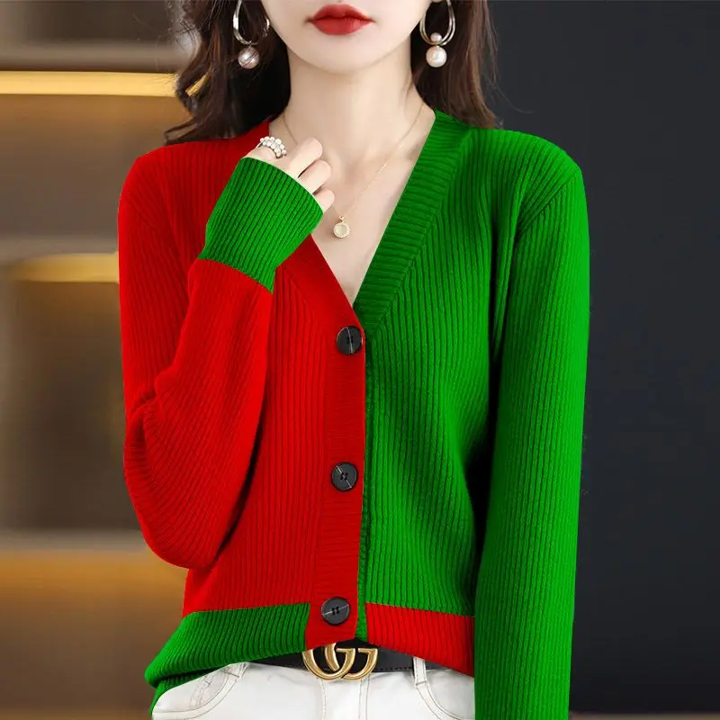 Casual Fashion V-Neck Spliced Color Knitted Cardigan Sweater Women\'s Clothing 2022 Autumn New Loose Korean Tops All-match Coat