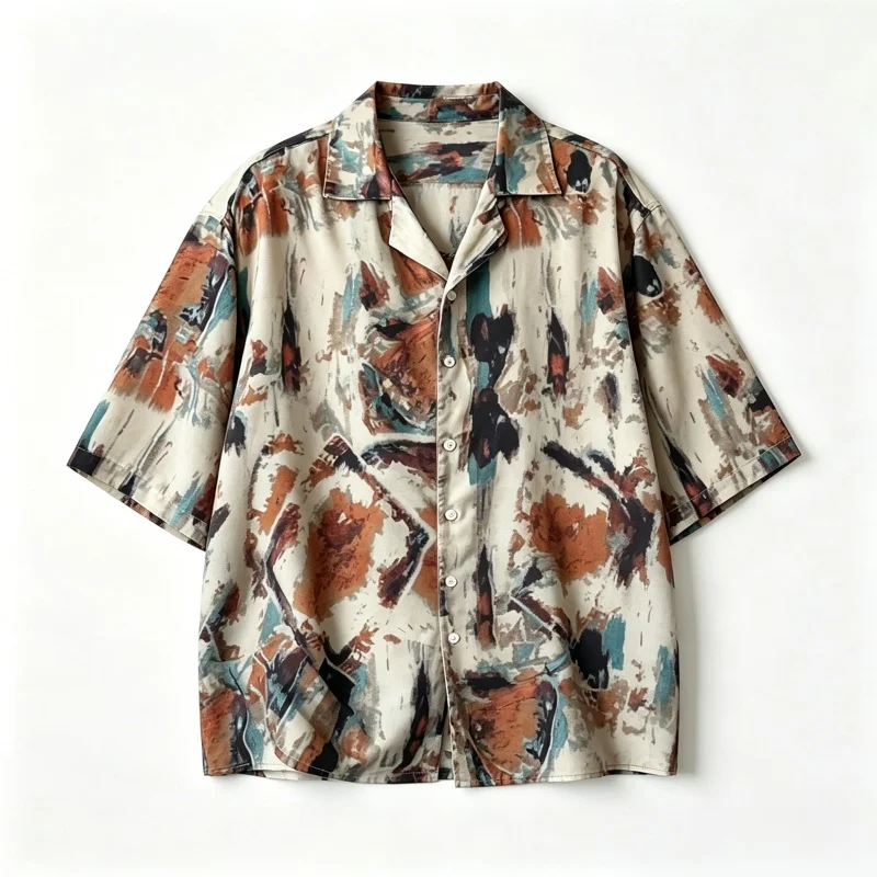 2026 vintage oil painting blend Cuban collar short sleeved shirt loose and lazy casual flower shirt vacation beach top