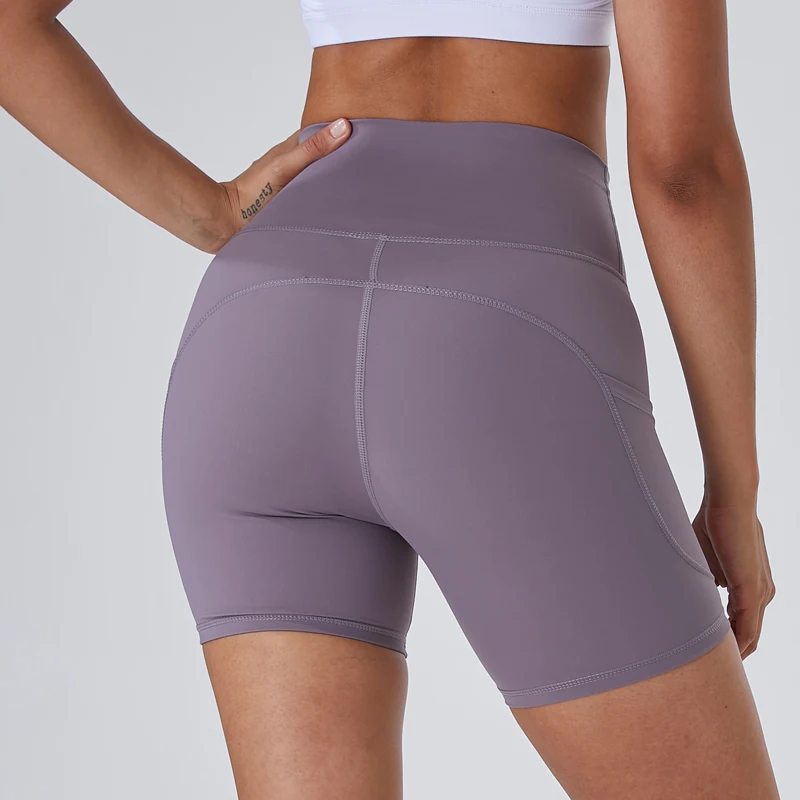 YJKVUR Nylon Women\'s Shorts Cycling Gym Yoga Fitness Shorts Side Pockets High Waist Soft Tight Elastic Shorts Womens Clothing