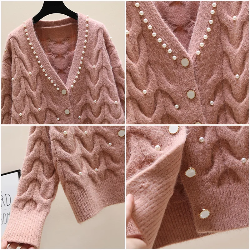 2023 new fashion all-match knitted outer wear sweater Sweet beaded V-neck knitted cardigan women\'s spring