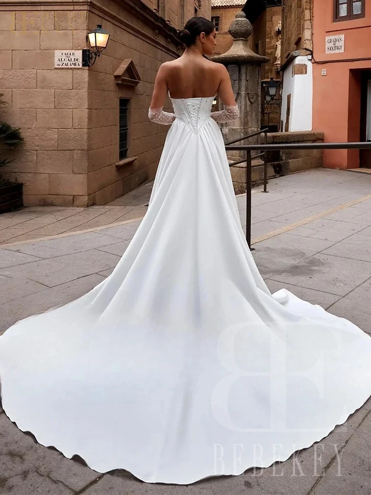 BEBEKEY فساتين زفاف مطرزة باللؤلؤ على شكل قلب على شكل حرف a فستان زفاف رسمي مخصص بأكمام طويلة فيستدوس دي نوفيا