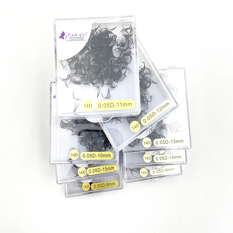 Flash Girl Makeup Short Stem Premade Fans 500 Fans in One Box 14D 0.05 C/D Private Label Russia Volume Lashes Bulk Lashes