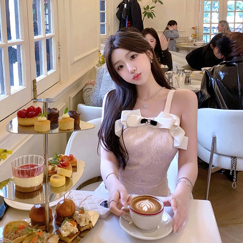 เดรสยาวทรงเอไลน์สีชมพูหวานๆ แต่งเลื่อมปักลายลูกไม้ แต่งสายเดี่ยว เอวสูง สำหรับผู้หญิง แฟชั่นฤดูร้อน คุณภาพสูง ลายดอกไม้