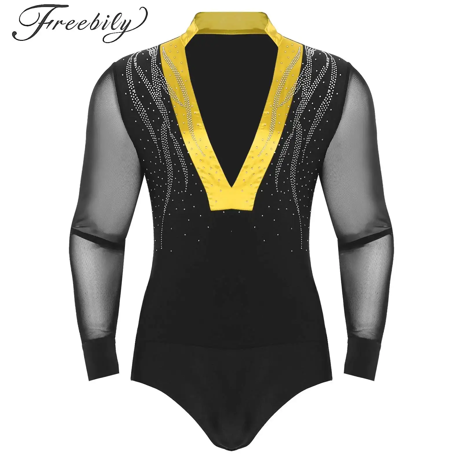

Mens Gymnastics Figure Skating Latin Dance Leotard Shirts Long Sleeve Ballet Costume Ballroom Tango Rumba Bodysuit Dancewear