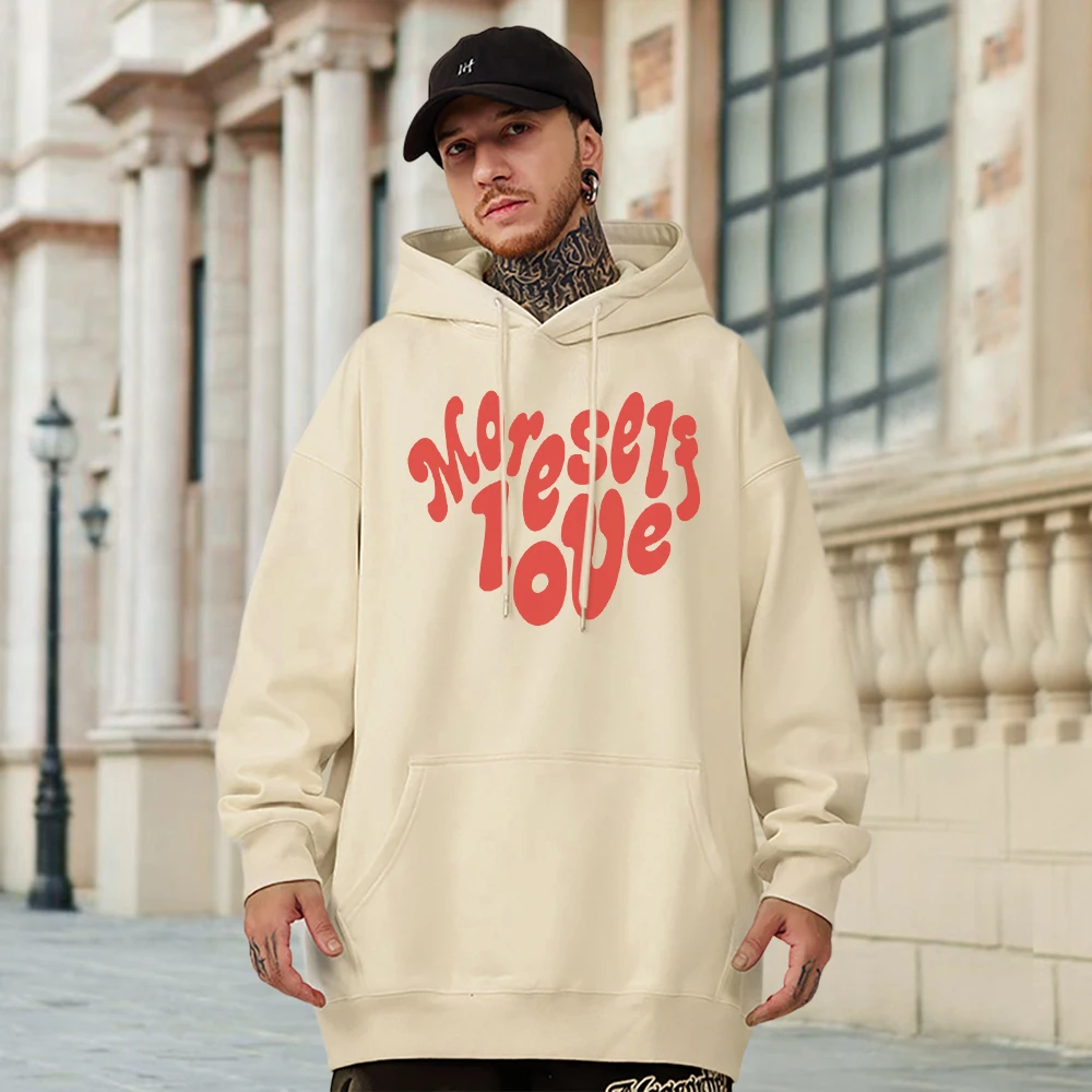 More Self Love Love Shape Print Cotton Hoodies For Mens Creativity Loose Long Sleeves Fashion All-math Sweatshirt Male Clothing