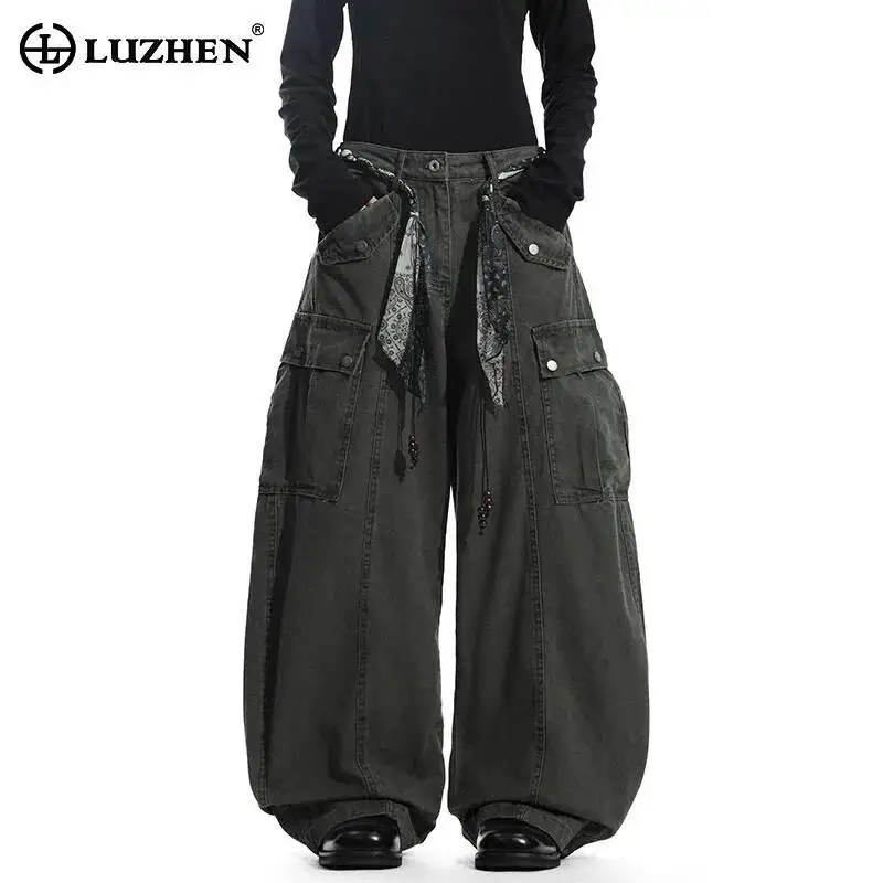 

LUZHEN Belt Original Ribbon 2025 Decorate Baggy Wide Fashion Leg Trousers Men's Handsome Street Solid Color Casual Pants JY7174