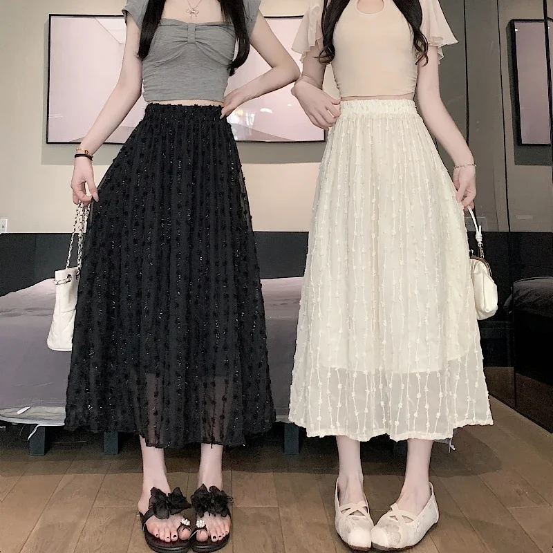 

Sweet White Gauze Skirts for Women Casual Elastic High Waist All-match Mid Skirts Harajuku Elegant Loose Black A-line Skirts New