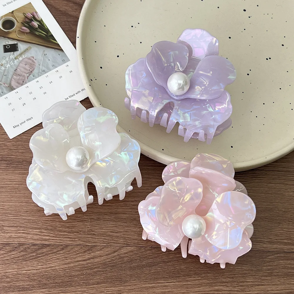 

2025 NEW Mermaid Colored Camellia Pearl Hair Claw Acetate Claw Clips French Sweet Hair Clips for Women Girls Hair Accessories