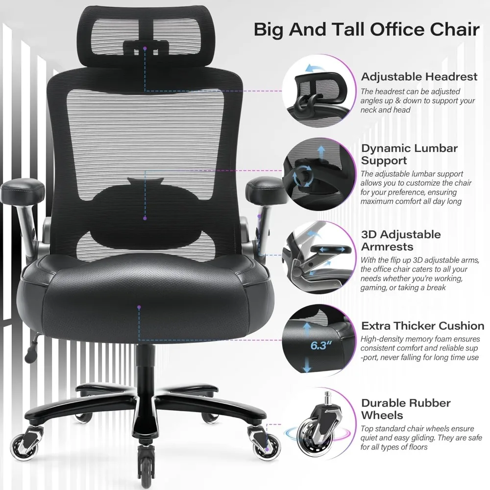 كرسي مكتب مريح عالي التحمل كبير وطويل مع أذرع قابلة للطي ثلاثية الأبعاد، شبكة عالية الظهر، عجلات كبيرة، كرسي كمبيوتر تنفيذي لـ Com #4