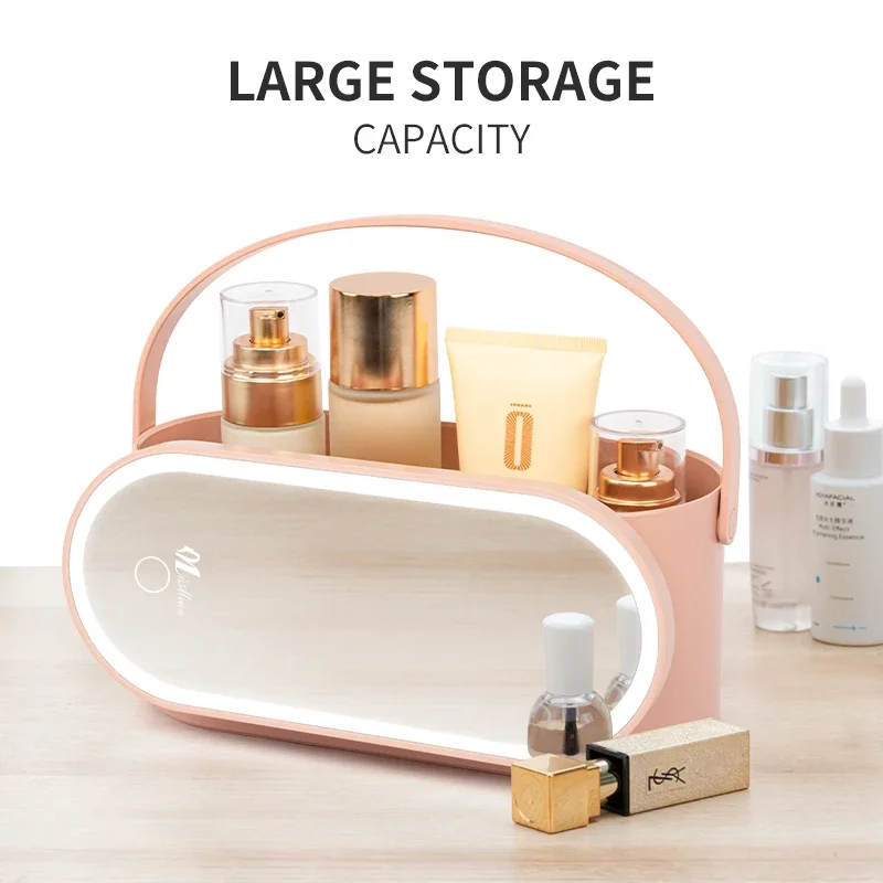 

Portable LED Lighted Makeup Organizer with Makeup Mirror, Travel Cosmetic Bag for Toiletries Storage, Adjustable Brightness