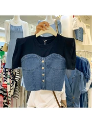 2024 Summer New Women T-shirt French Vintage Patchwork Denim Short Sleeve Clothes Fashion All-Match Streetwear Casual Crop Tops