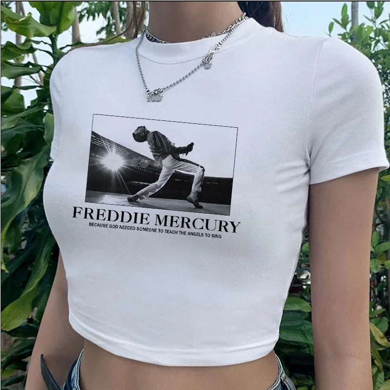 Freddie Mercury Mecury the Queen Band tshirt t-shirt women white print grunge japanese crop top clothes white t shirt