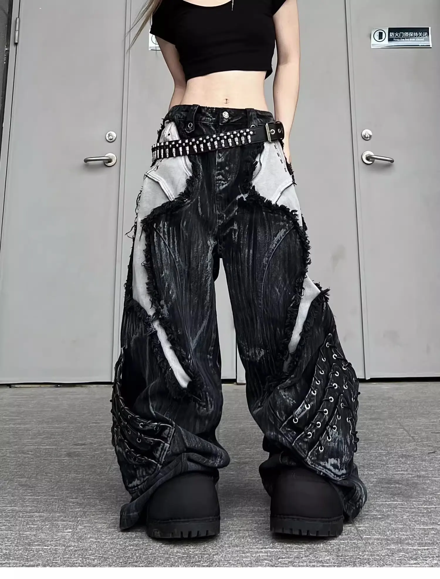 Vintage Patchwork Distressed Jeans Hip Hop Loose Wide Leg Cargo Pants Women's Washed Distressed Denim Trousers