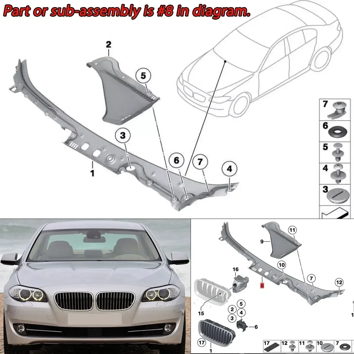 For 2011-2016 BMW 5-Series F10 F11 528i 535d 535i 550i M5 Windshield Wiper Cover Vent Cowl Grille Panel for 51717203124