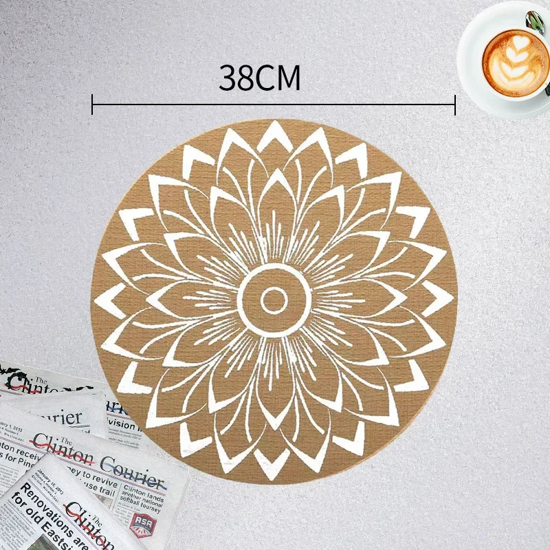 6Pcs Faux Jute Round 38cm Placemat Nordic Printed Insulation Pad for Restaurant Hotel Geometric Pattern Non-Slip Tableware Mats