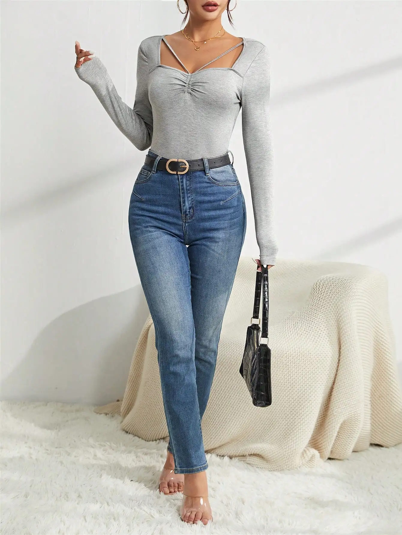 Women's Long Sleeve Square Neck Top, Unique Strap + Chest Patchwork Smocking, Versatile Daily Wear