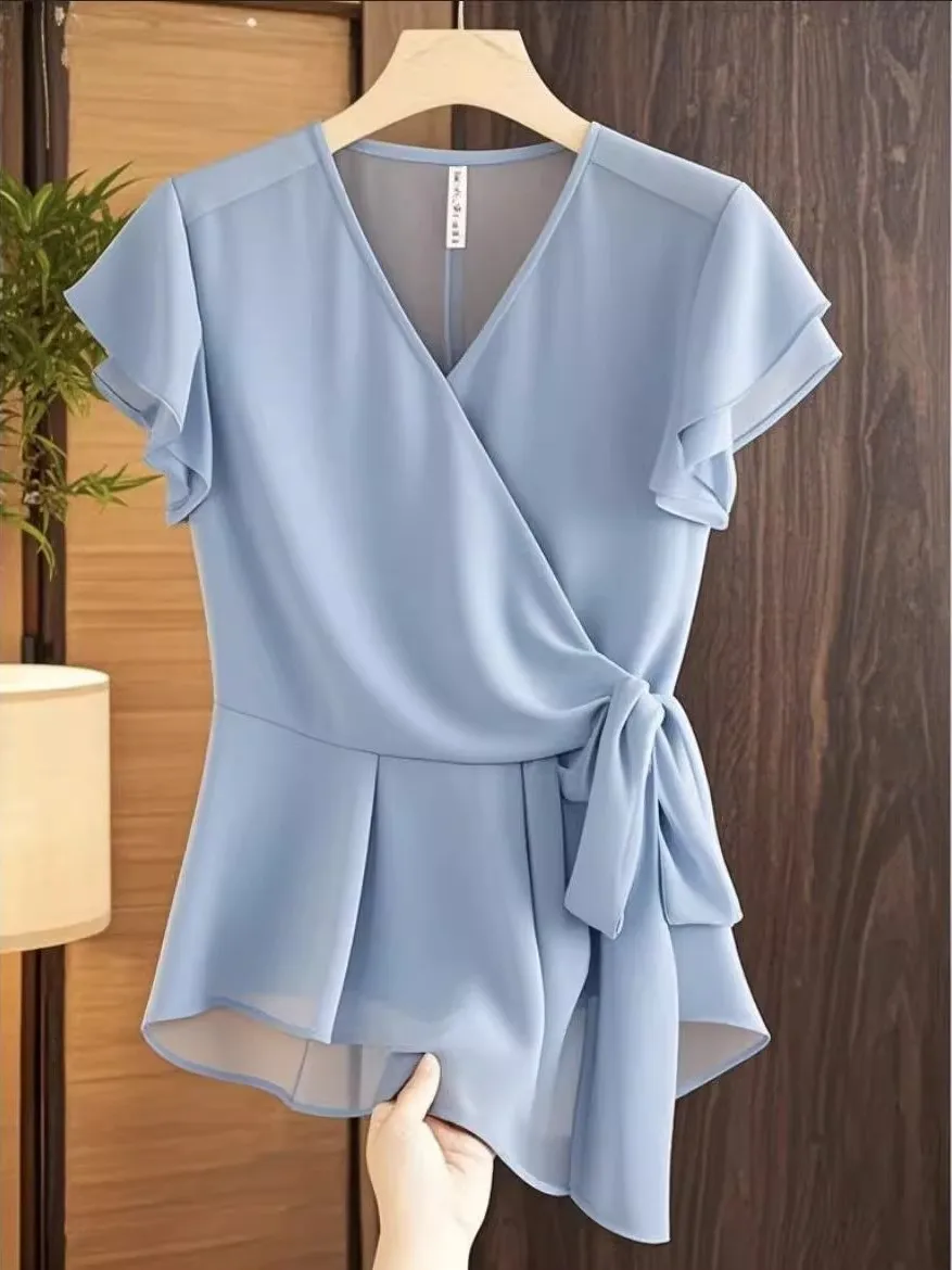 

Slimming V-Ne Summer irt Women's Faionable Chiffon Blouse Bell Sve Korean Sle Thin Waist Design ort Sve Top