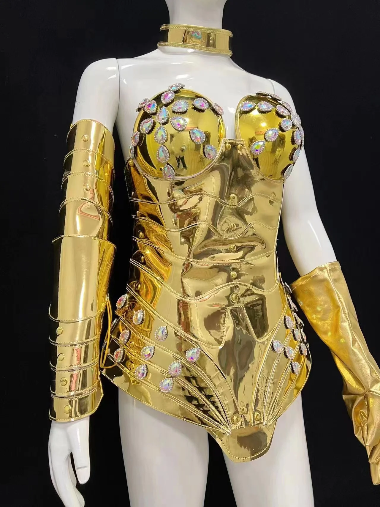 Tech Punk Style Gold Armor Rhinestones Bodysuit Women Stage Performance Wear Rave Outfit Nightclub Dj Ds Gogo Costumes