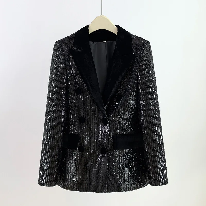 

European American black blazer women's autumn winter fashion slim sense fried street sequined velvet blazer damen woman TRAF