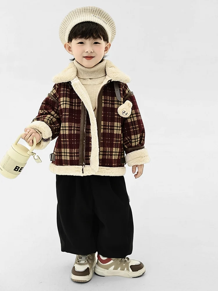 

Утепленное зимнее пальто для мальчиков, детская твидовая куртка в корейском стиле, теплая верхняя одежда для малышей с отложным воротником