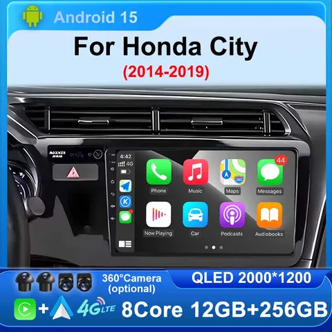Para Honda City 2014 2015 2016 2017 2018 2019 Rádio Automotivo Android 15 Qualcomm com GPS, Tela QLED, Player de Carro, 4G, WIFI e BT - Central Multimídia