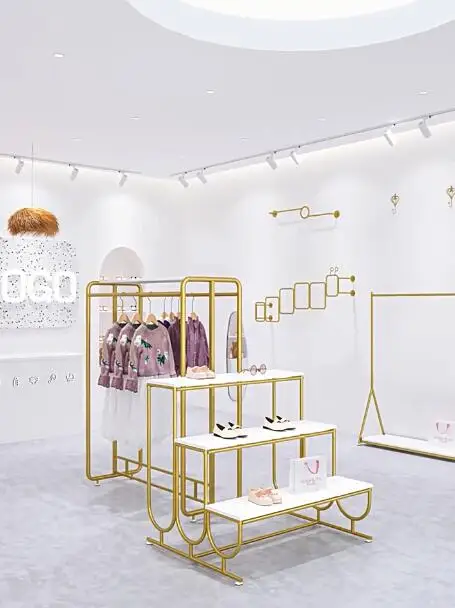 

Shopping mall shelves, shoes, clothing store display racks