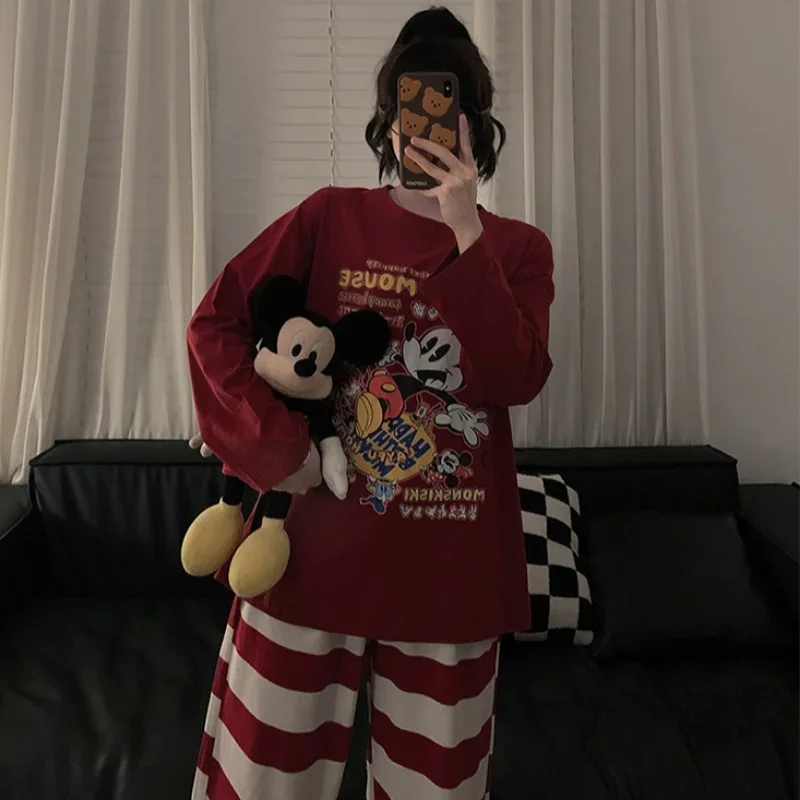 Cartoon Disney Couple Pajamas Autumn Cotton Crew Neck Long Sleeve Pants Two-piece Mickey Mouse Loungewear Women\'s Pajamas