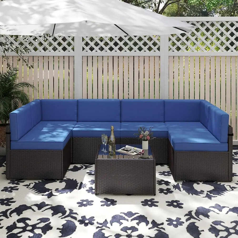 

All-Weather Outdoor Sectional Wicker Sofa Set with 7 Pieces, Patio Rattan, Washable Cushions, and Coffee Table for Backyard and