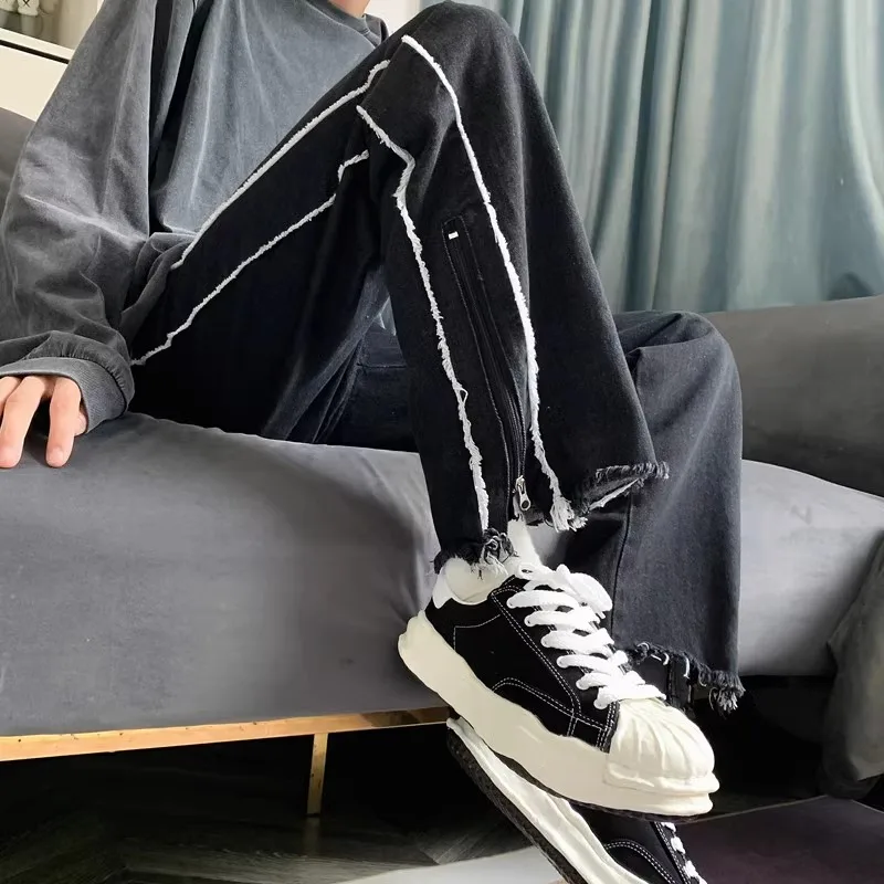 

Модные мужские джинсы с прямыми штанинами в американском стиле High Street, осень-зима, повседневные брюки больших размеров с манжетами на молнии, молодежный тренд