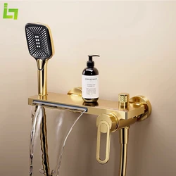 Gold Bathtub Faucet Wall Mounted Big Waterfall and Storage Rack Plastic Multifunctional Shower Handheld