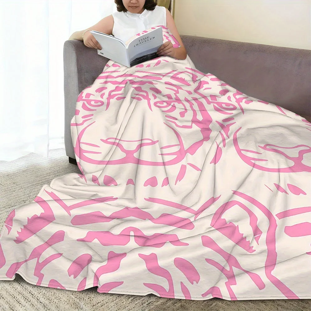 Pink Line Drawing Tiger Head Cream White Base Print Blanket, Light Flannel Throw For Couch Room, Minimal Animal Daily Blanket