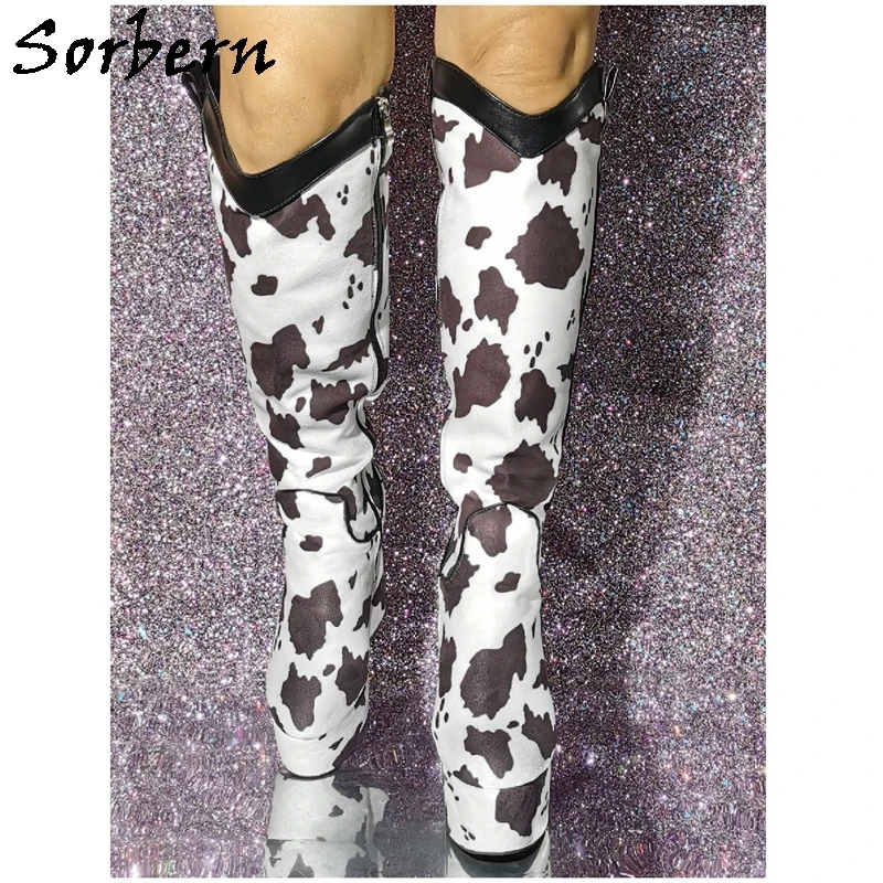 Sorbern Vintage Cow Print Knee High Boots Ladies Block High Heel Visible Platform Shoes Zip Up Round Toe Chunky Heeled Custom