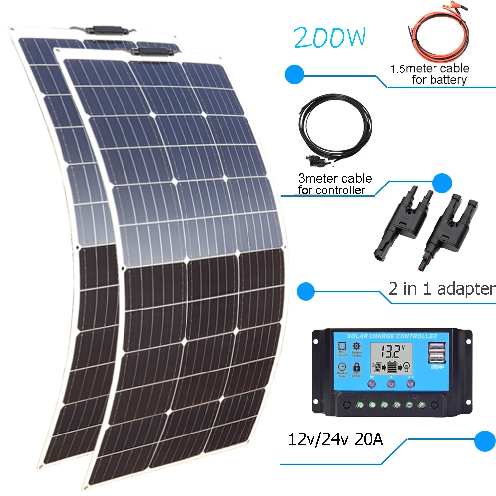 Solar Panel Complete Kit 12V 100W 200W 24V Flexible Photovoltaic 100W Controller Power for Battery Boat Rv Home Camper Camping