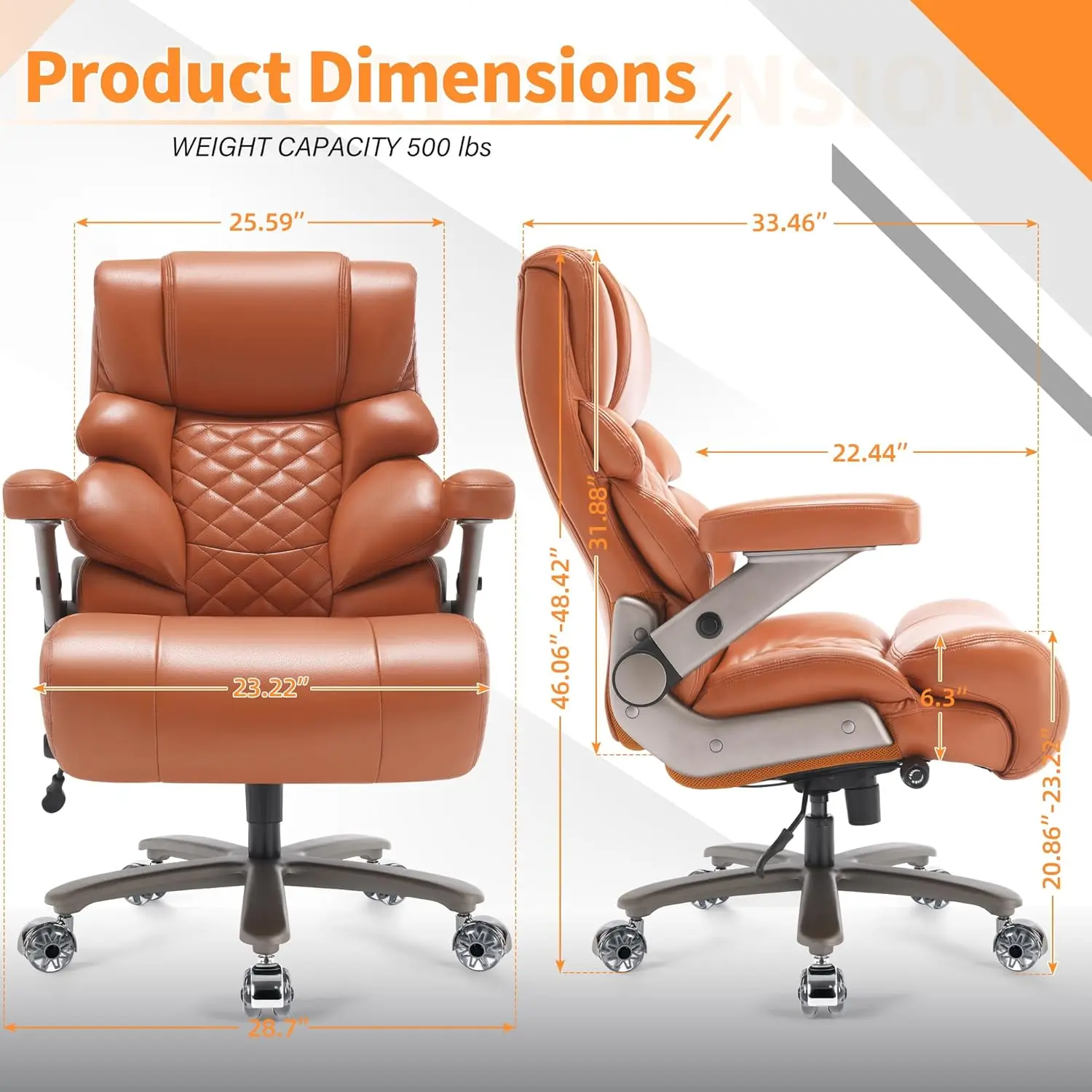 Silla de oficina grande y alta de 500 libras: silla grande para computadora con soporte lumbar ajustable, brazos abatibles 3D, base resistente, asiento ancho