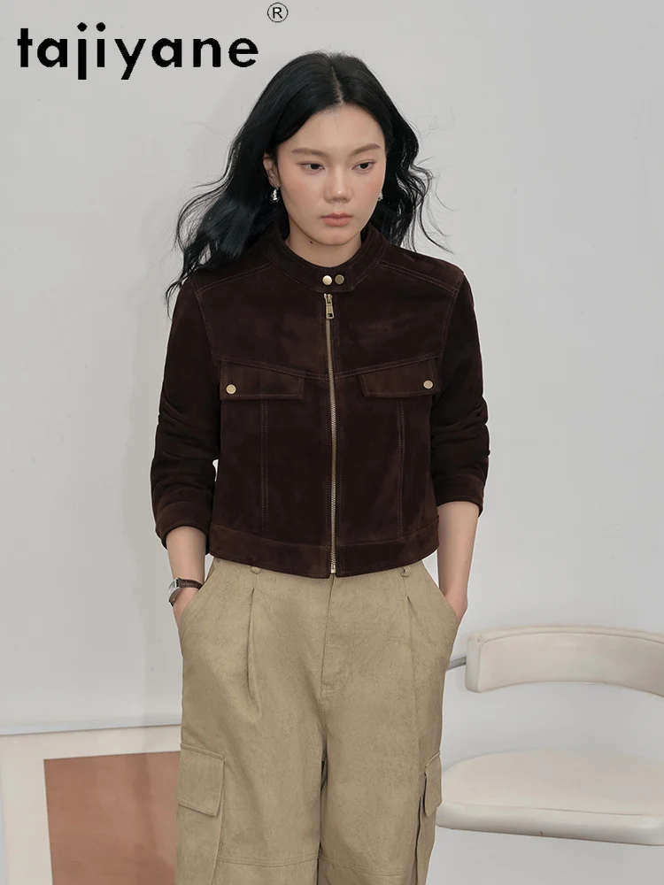 سترة من جلد الغنم الحقيقي من TAJIYANE معاطف نسائية أنيقة قصيرة من الجلد الطبيعي ملابس خارجية مميزة لخريف 2025 ملابس حريمي Frauengadı자켓