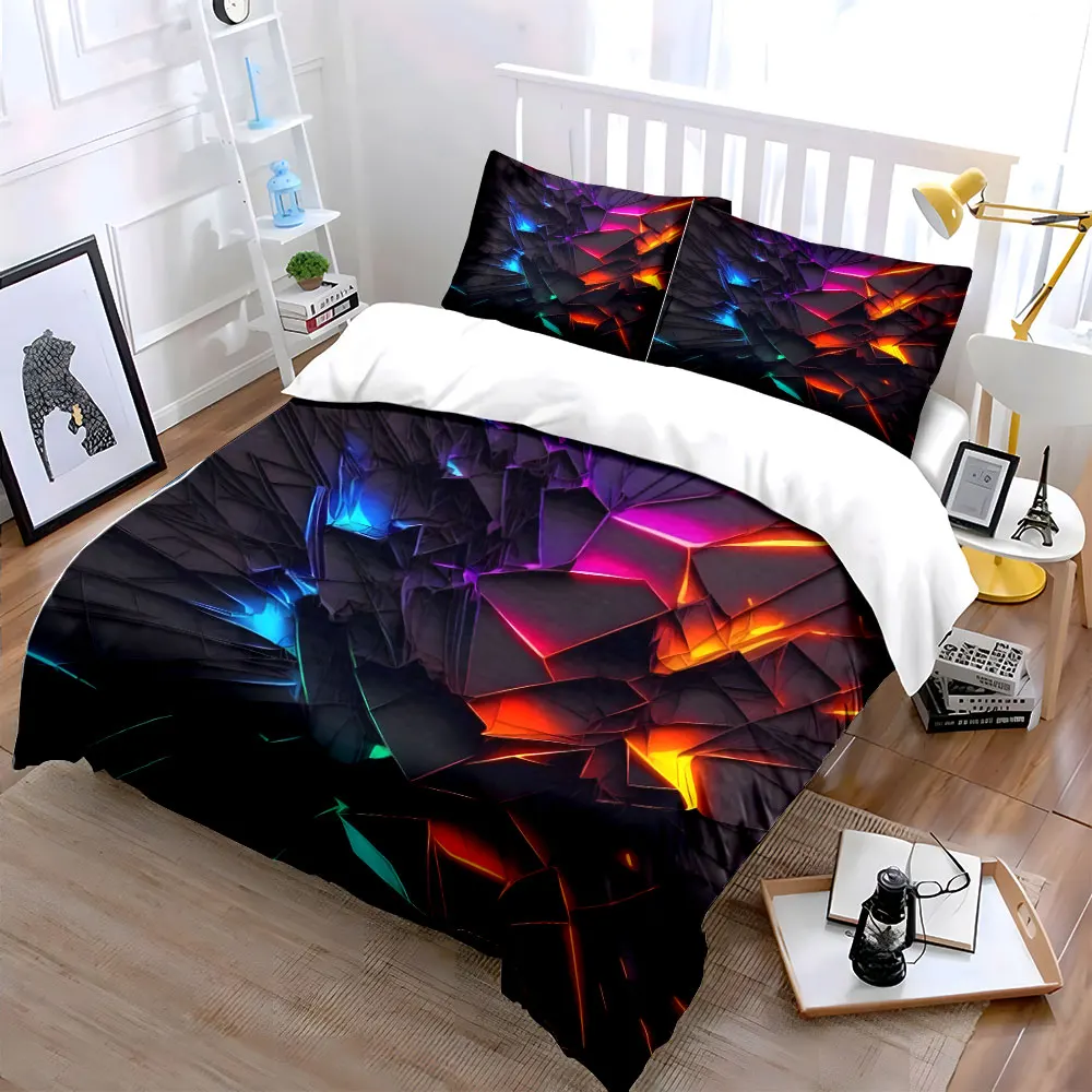Abstract geometric shapes with neon glow Print Bedding Set 1 Duvet Cover 2 Pillowcases for Adult and Children Luxury Gift