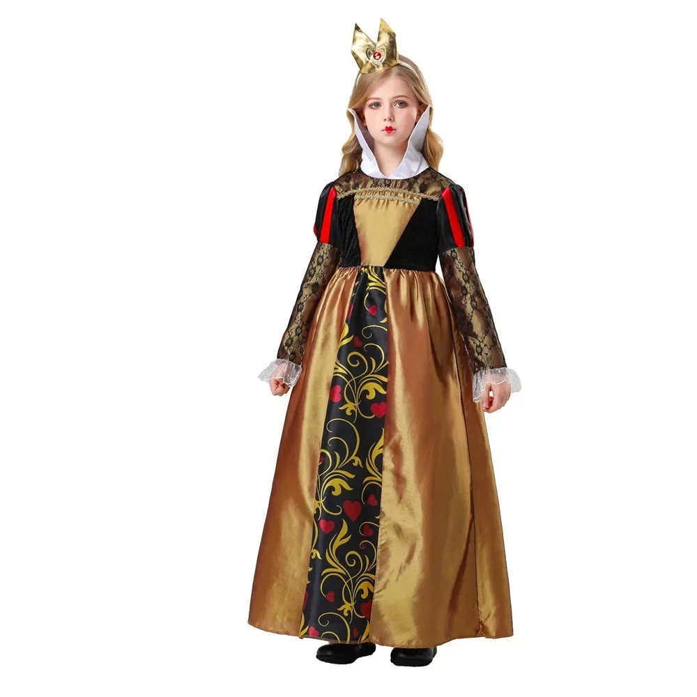 

Kids Poker Queen Retro Court Attire Girl Halloween Dress Fairy Tale Alice In Wonderland Queen of Hearts Cosplay Uniform