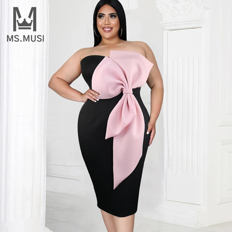 

MSMUSI 2023 New Fashion Women Sexy Strapless Patchwork Bow Falbala Ruffles Draped Fold Sleeveless Bodycon Party Club Midi Dress