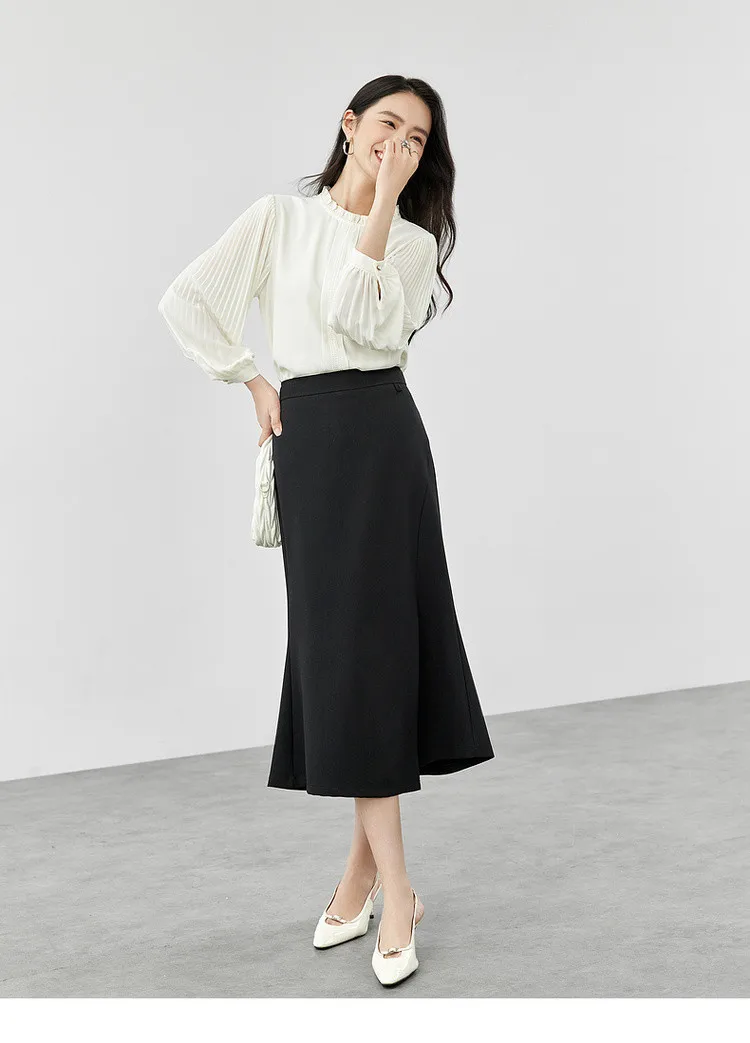 SENTUBILA Office Lady 2 Piece Outfits Ruffles O Neck Folds Puff Sleeve Chiffon Shirt Slit Midi Mermaid Skirt 2024 New 143Z57796Z